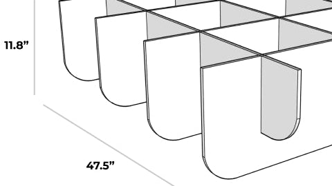 White 3D cloud baffle with curved sides and internal dividers, 47.5" wide by 11.8" tall.