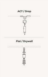 Technical diagram showing two installation methods for acoustic baffle hardware: drop ceiling mount with hook and rod, drywal