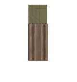 Wallpaper panel with olive green subway tile design on upper section and wood grain vertical slat pattern on lower section.