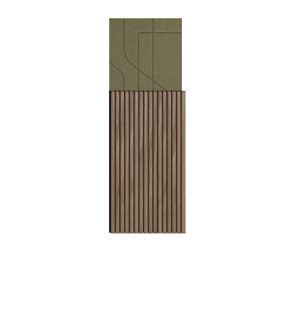 Wallpaper panel with olive green subway tile design on upper section and wood grain vertical slat pattern on lower section.