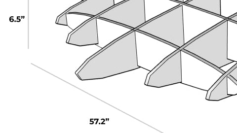 Silver metallic 3D cloud-shaped baffle with geometric grid pattern, measuring 57.2" x 6.5".