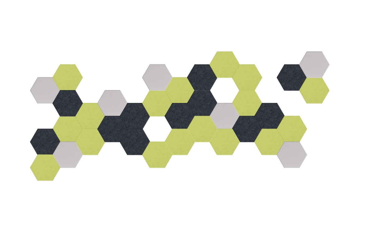 Geometric hexagon pattern in lime green, charcoal, and gray arranged in a horizontal cluster.