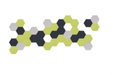 Geometric hexagon pattern in lime green, charcoal, and gray arranged in a horizontal cluster.