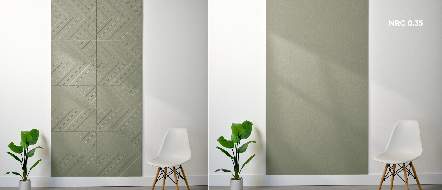 Green acoustic wall panels on a white wall with two chairs and plants for decoration.