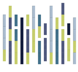 Vertical striped pattern with alternating blocks in lime green, navy blue, teal, and light blue tones.