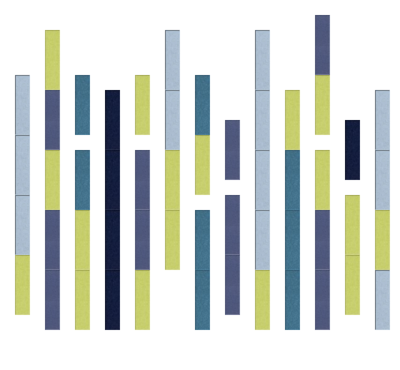 Vertical striped pattern with alternating blocks in lime green, navy blue, teal, and light blue tones.