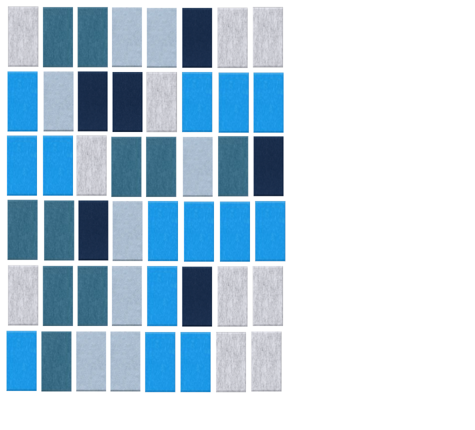 Color palette swatch grid displaying eight rows of fabric or material samples in shades of blue, teal, navy, gray, and white.