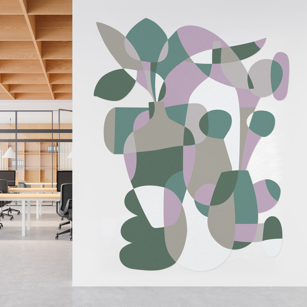 Large scale organic felt mural on white wall in workspace