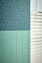Textured green panels with geometric pattern and horizontal slats