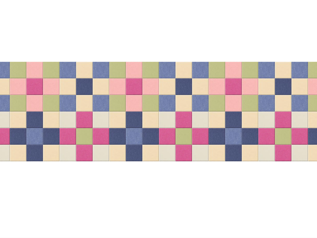Rectangular patchwork rug with a checkered pattern on a white background