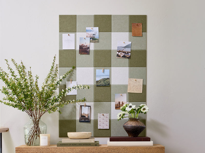 Green gingham patterned pinboard made from acoustic felt tiles