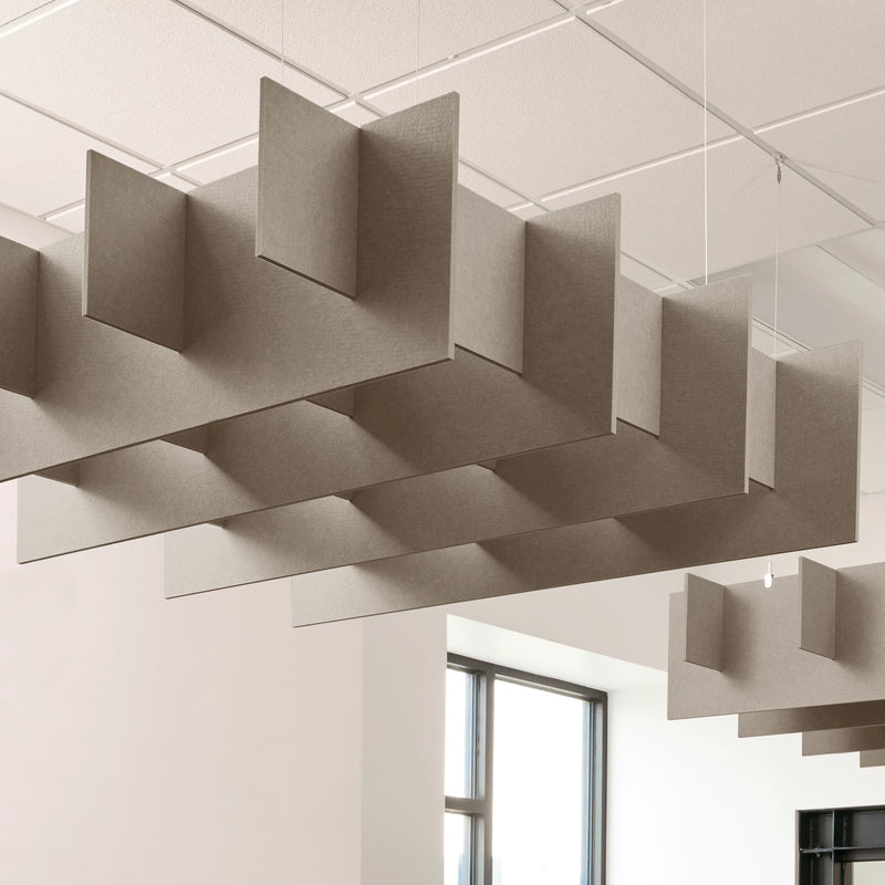 Grid 3D Cloud acoustic ceiling baffles in taupe felt
