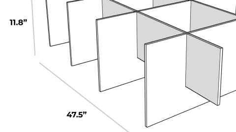 White geometric baffle with grid partition system, 47.5" wide by 11.8" tall, shown in 3D perspective view.