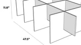 White geometric baffle with grid partition system, 47.5" wide by 11.8" tall, shown in 3D perspective view.