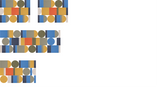 Abstract geometric pattern with blue, gold, tan, olive, coral, and navy rectangular and circular shapes arranged in rows.