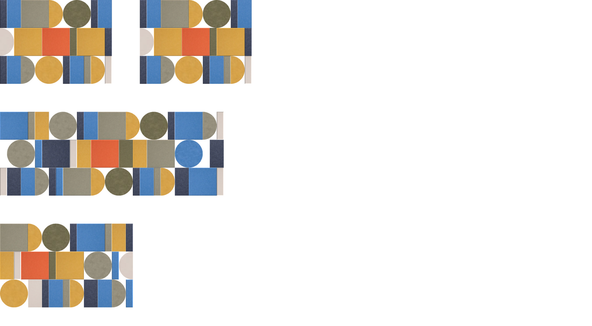 Abstract geometric pattern with blue, gold, tan, olive, coral, and navy rectangular and circular shapes arranged in rows.