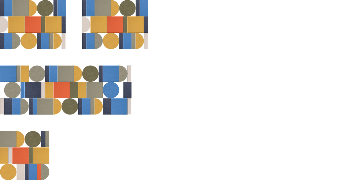 Geometric pattern with blue, gold, gray, and coral rectangles and circles arranged in rows.