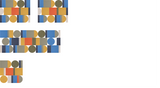 Geometric pattern with blue, gold, gray, and coral rectangles and circles arranged in rows.