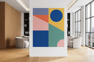 Acoustic colorful wall art on display wall with chairs in the background