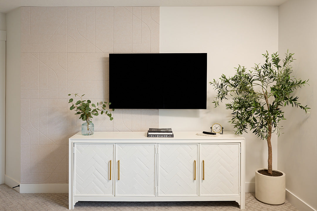 Subway Felt Right tiles installed behind a tv.