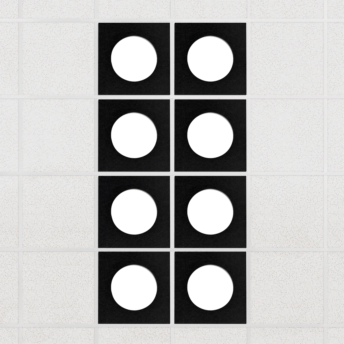 Halo felt drop ceiling tiles in Ebony with white circle centers, set of 8 in a 2 x 4 layout