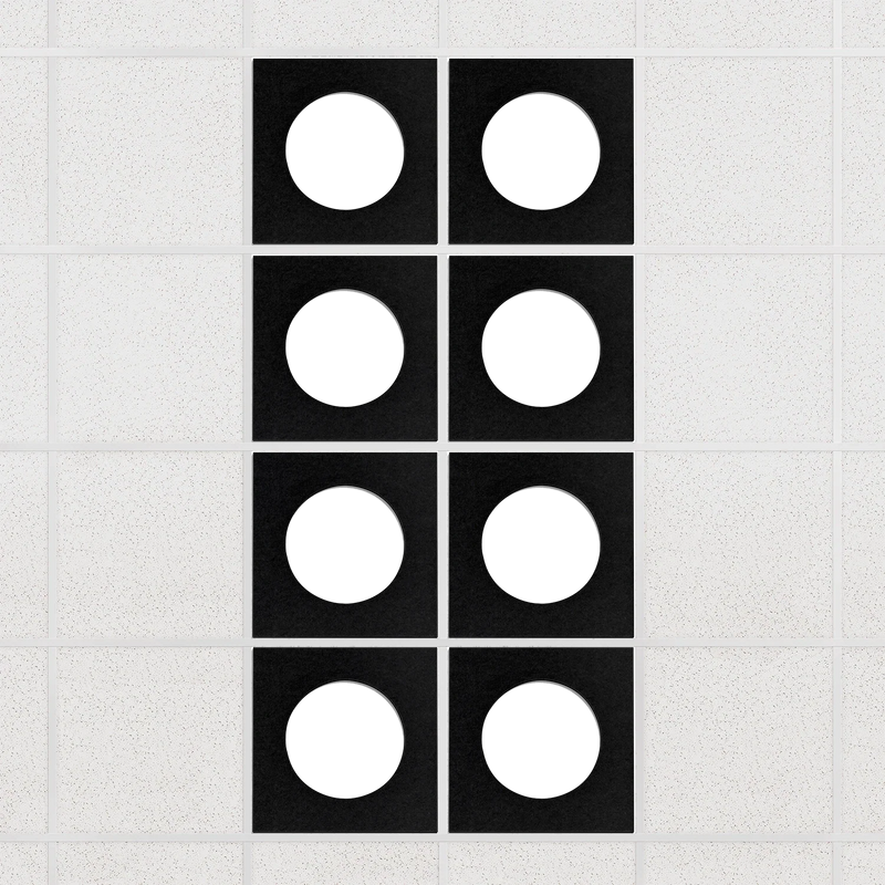 Halo felt drop ceiling tiles in Ebony with white circle centers, set of 8 in a 2 x 4 layout