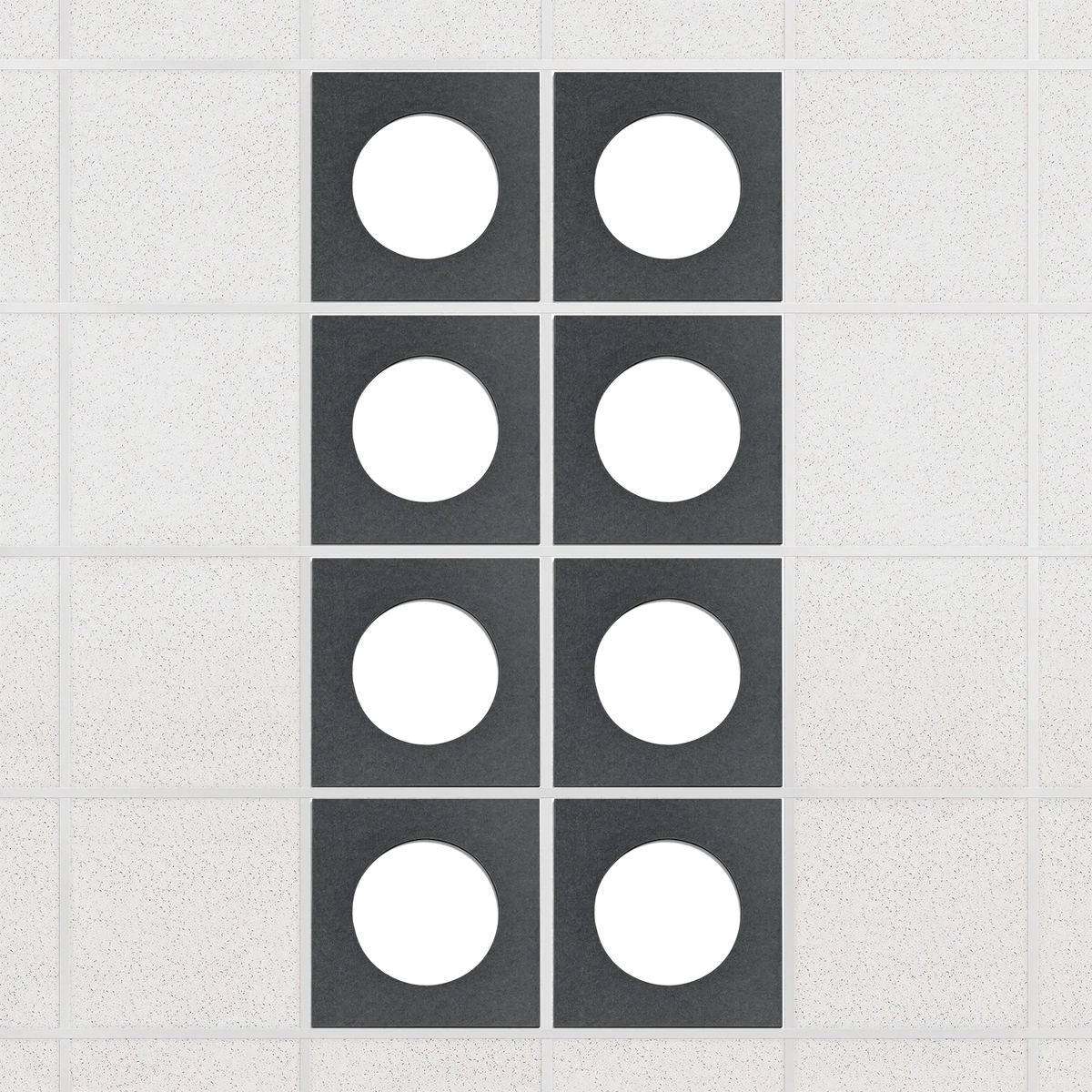 Halo felt drop ceiling tiles in Mineral with white circle centers, set of 8 in a 2 x 4 layout