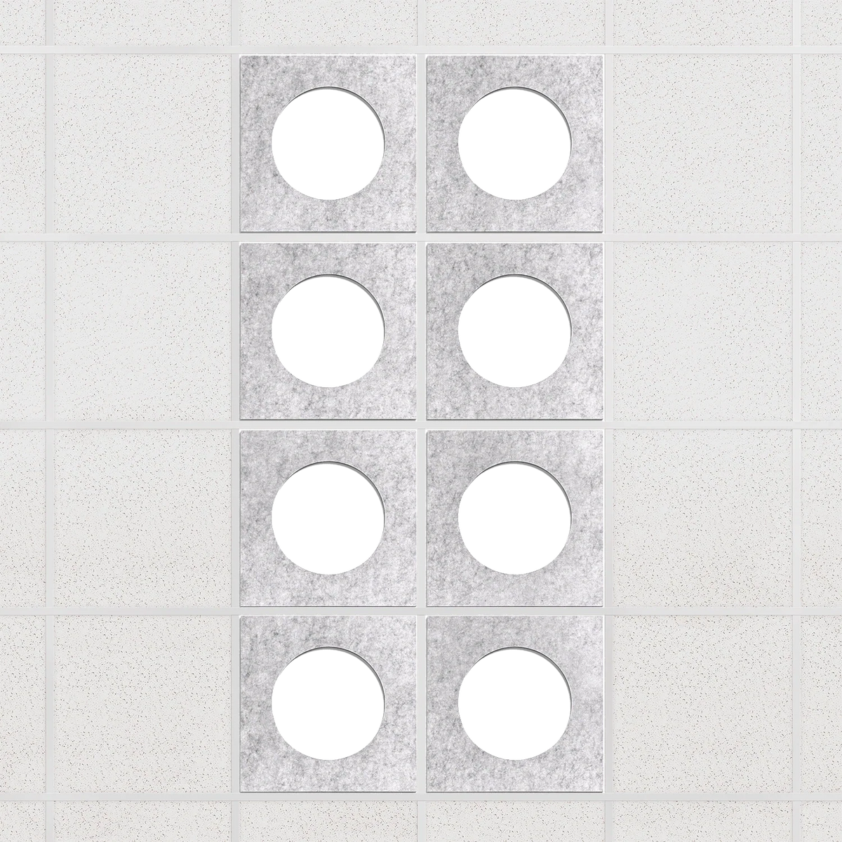 Halo felt drop ceiling tiles in Nickel with white circle centers, set of 8 in a 2 x 4 layout