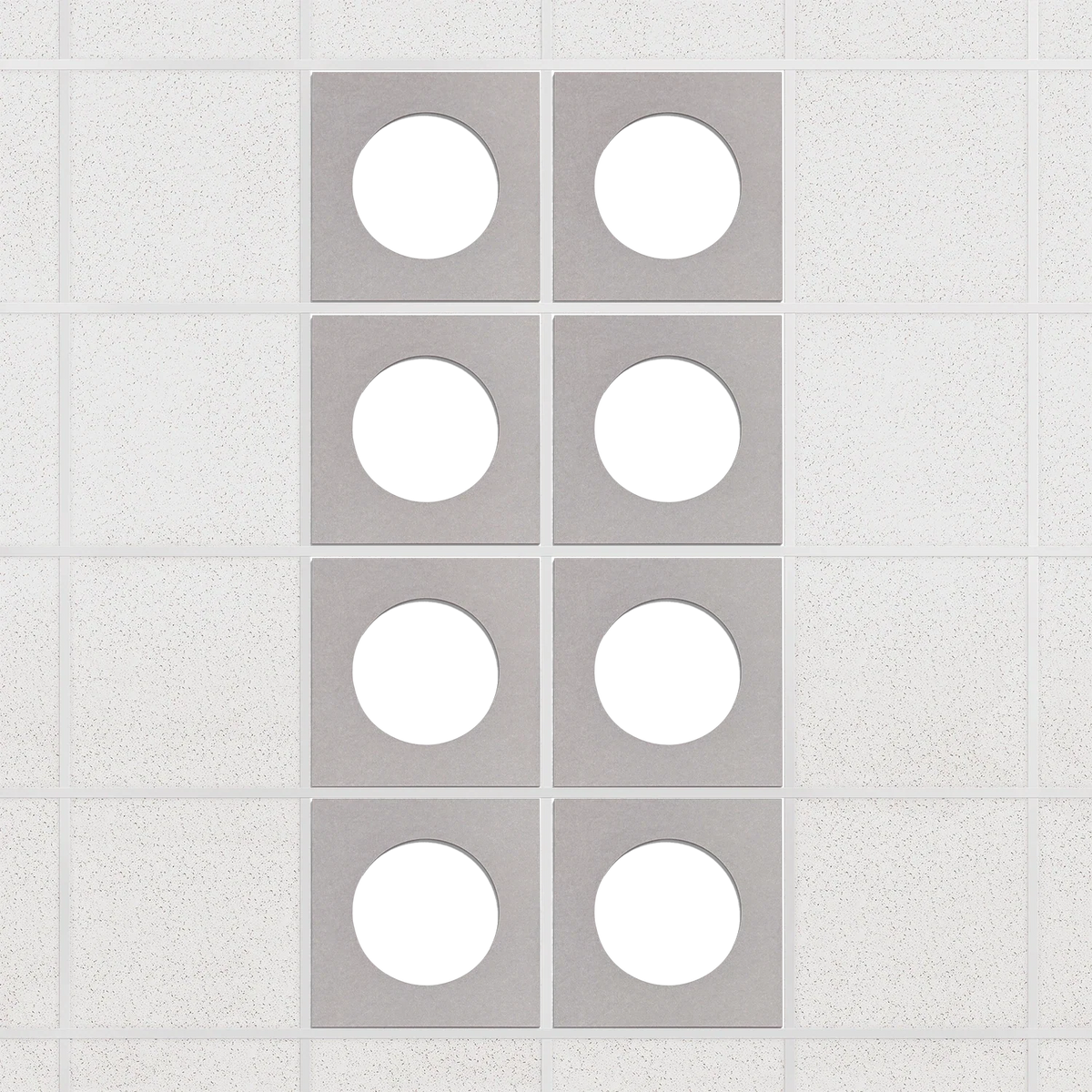 Halo felt drop ceiling tiles in Fog with white circle centers, set of 8 in a 2 x 4 layout