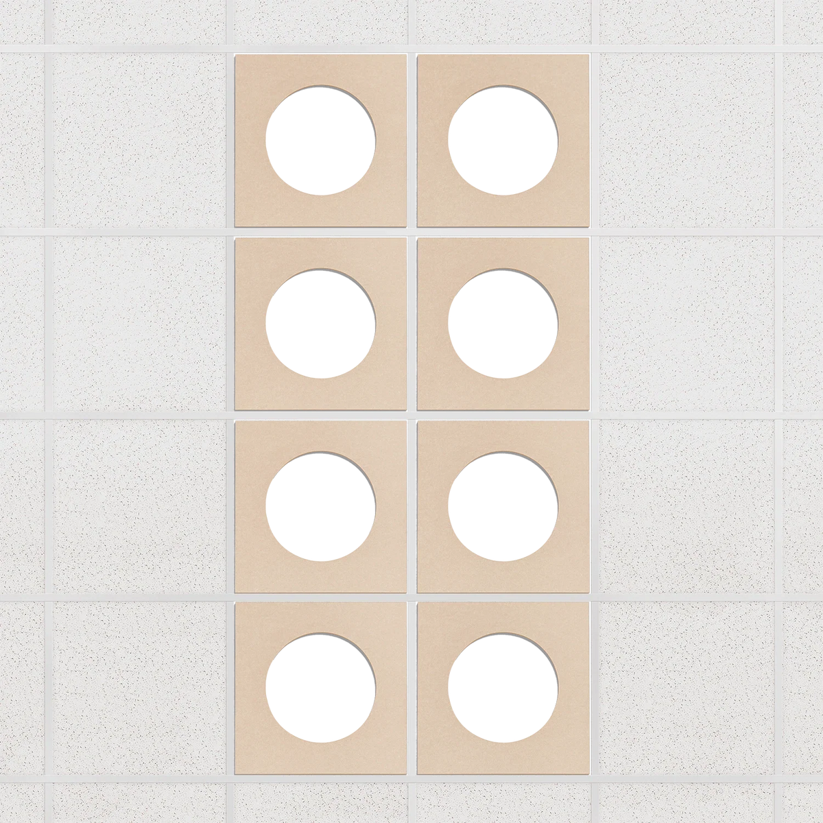 Halo felt drop ceiling tiles in Porcelain with white circle centers, set of 8 in a 2 x 4 layout