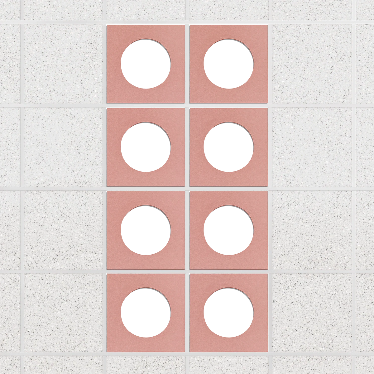 Halo felt drop ceiling tiles in Coral with white circle centers, set of 8 in a 2 x 4 layout