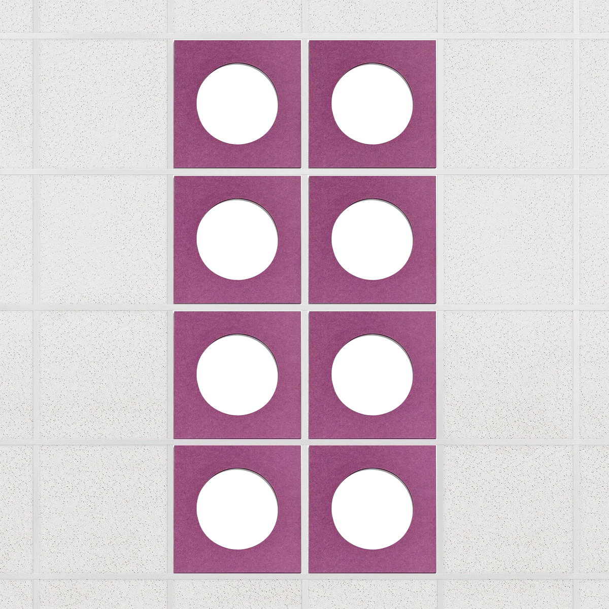 Halo felt drop ceiling tiles in Plum with white circle centers, set of 8 in a 2 x 4 layout