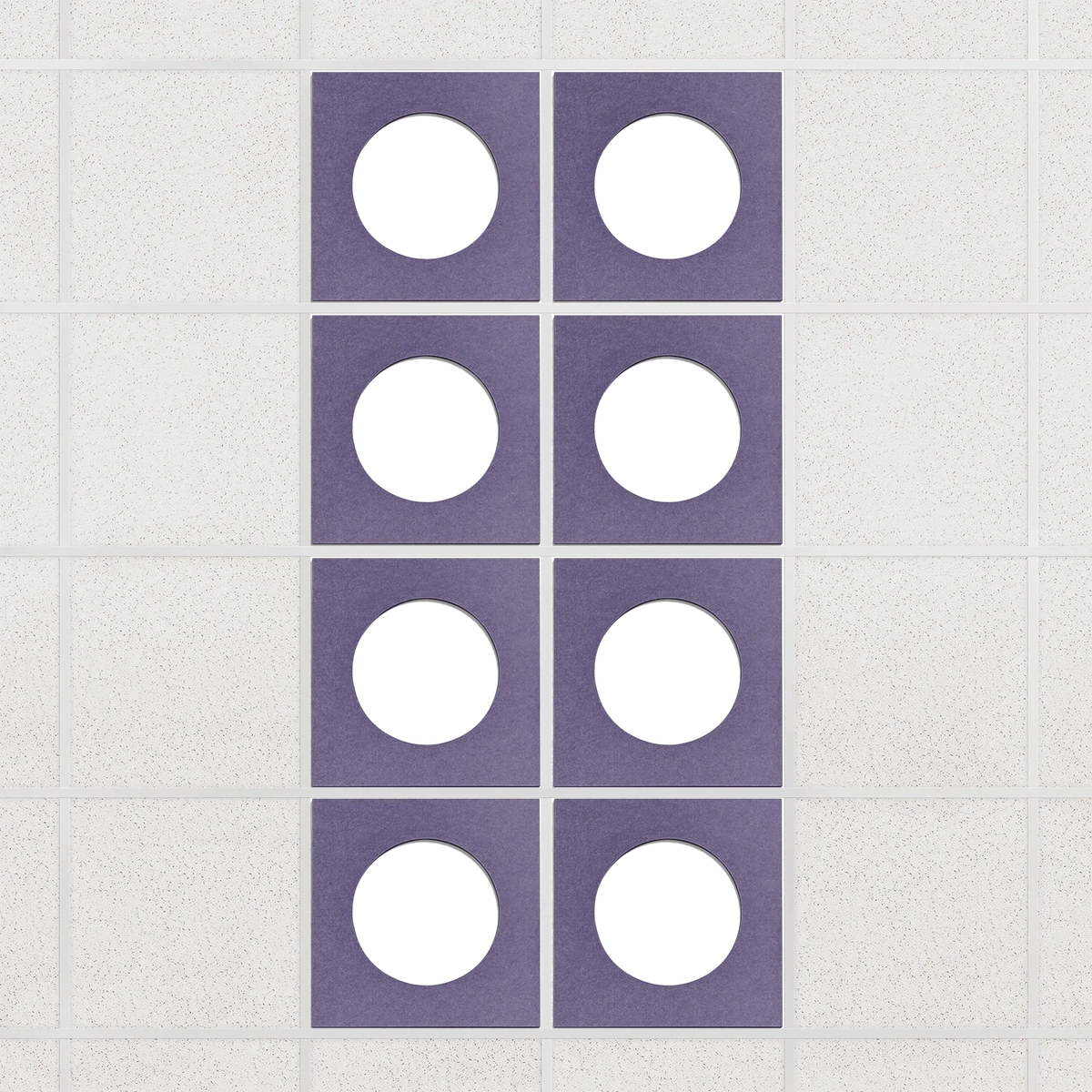 Halo felt drop ceiling tiles in Wisteria with white circle centers, set of 8 in a 2 x 4 layout