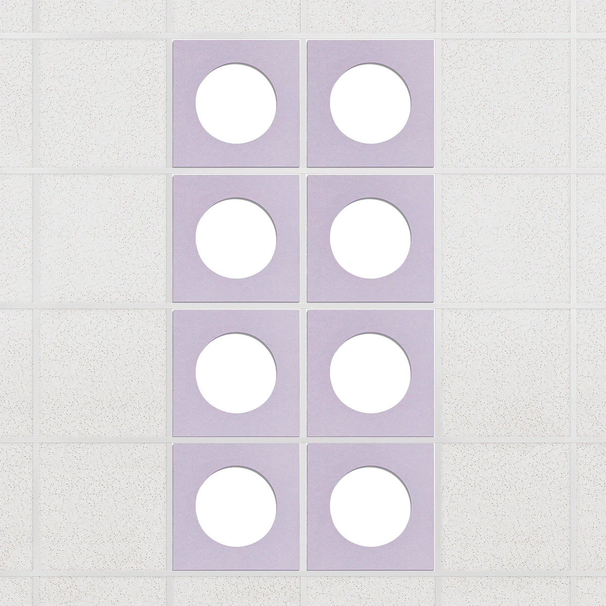Halo felt drop ceiling tiles in Lilac with white circle centers, set of 8 in a 2 x 4 layout