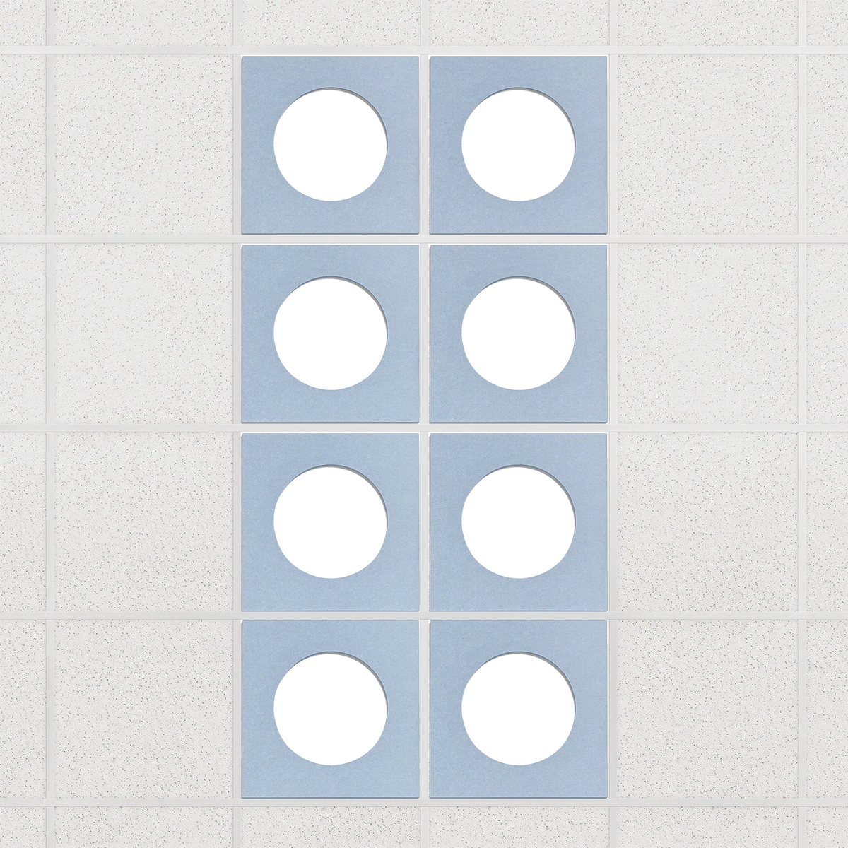 Halo felt drop ceiling tiles in Powder Blue with white circle centers, set of 8 in a 2 x 4 layout