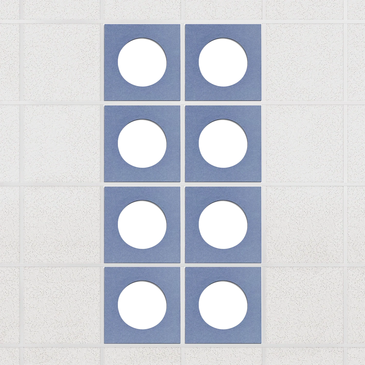 Halo felt drop ceiling tiles in Periwinkle with white circle centers, set of 8 in a 2 x 4 layout