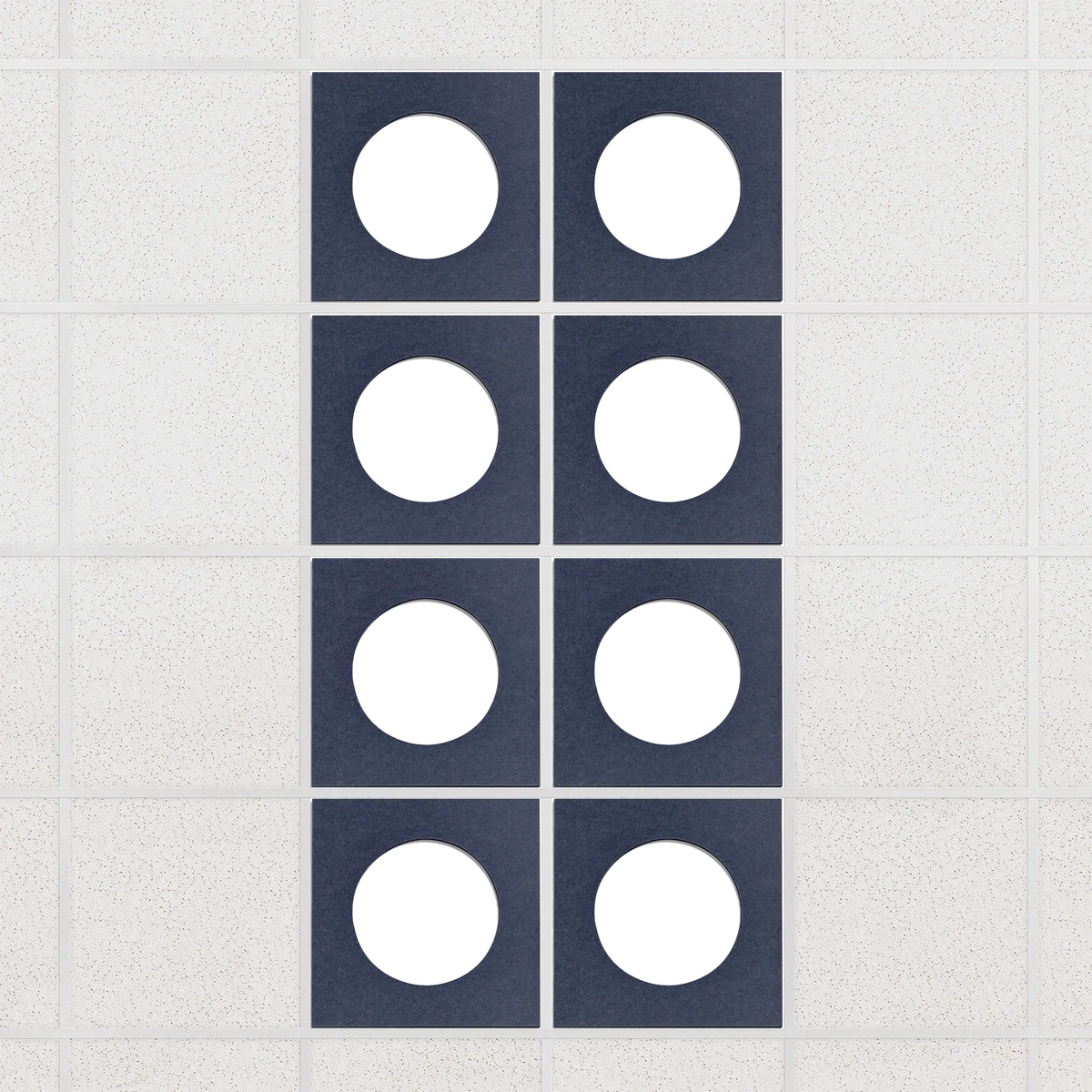 Halo felt drop ceiling tiles in Indigo with white circle centers, set of 8 in a 2 x 4 layout