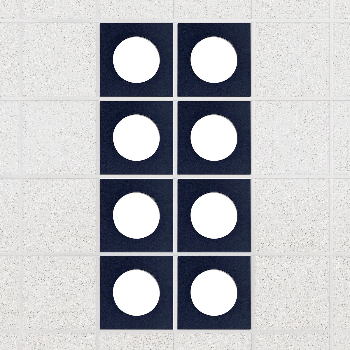 Halo felt drop ceiling tiles in Oxford with white circle centers, set of 8 in a 2 x 4 layout