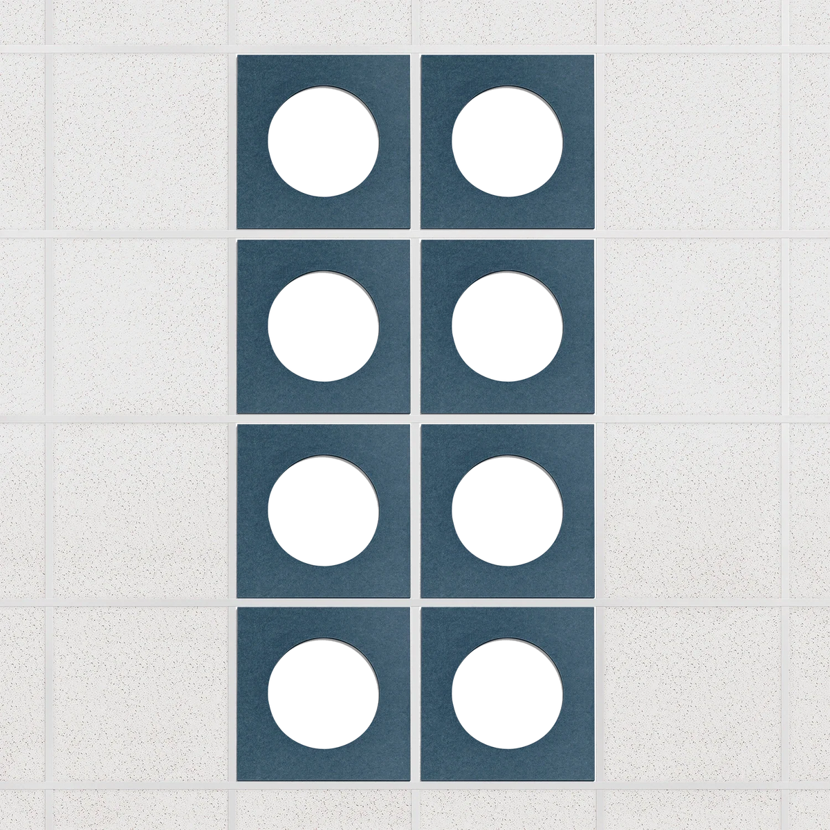 Halo felt drop ceiling tiles in Slate Blue with white circle centers, set of 8 in a 2 x 4 layout