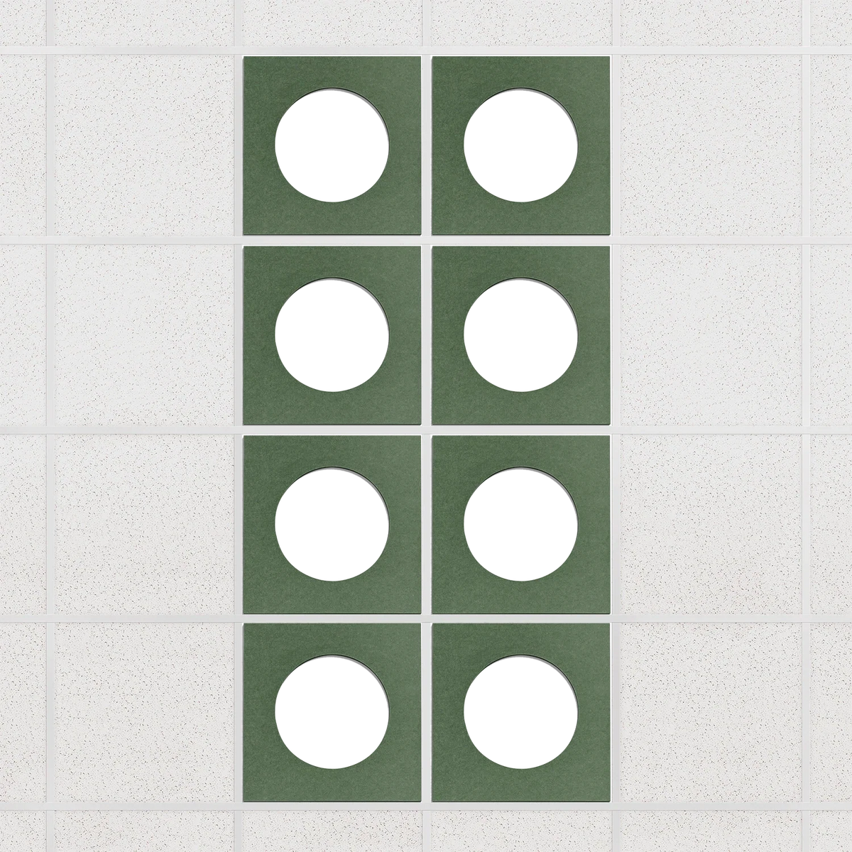 Halo felt drop ceiling tiles in Palm with white circle centers, set of 8 in a 2 x 4 layout