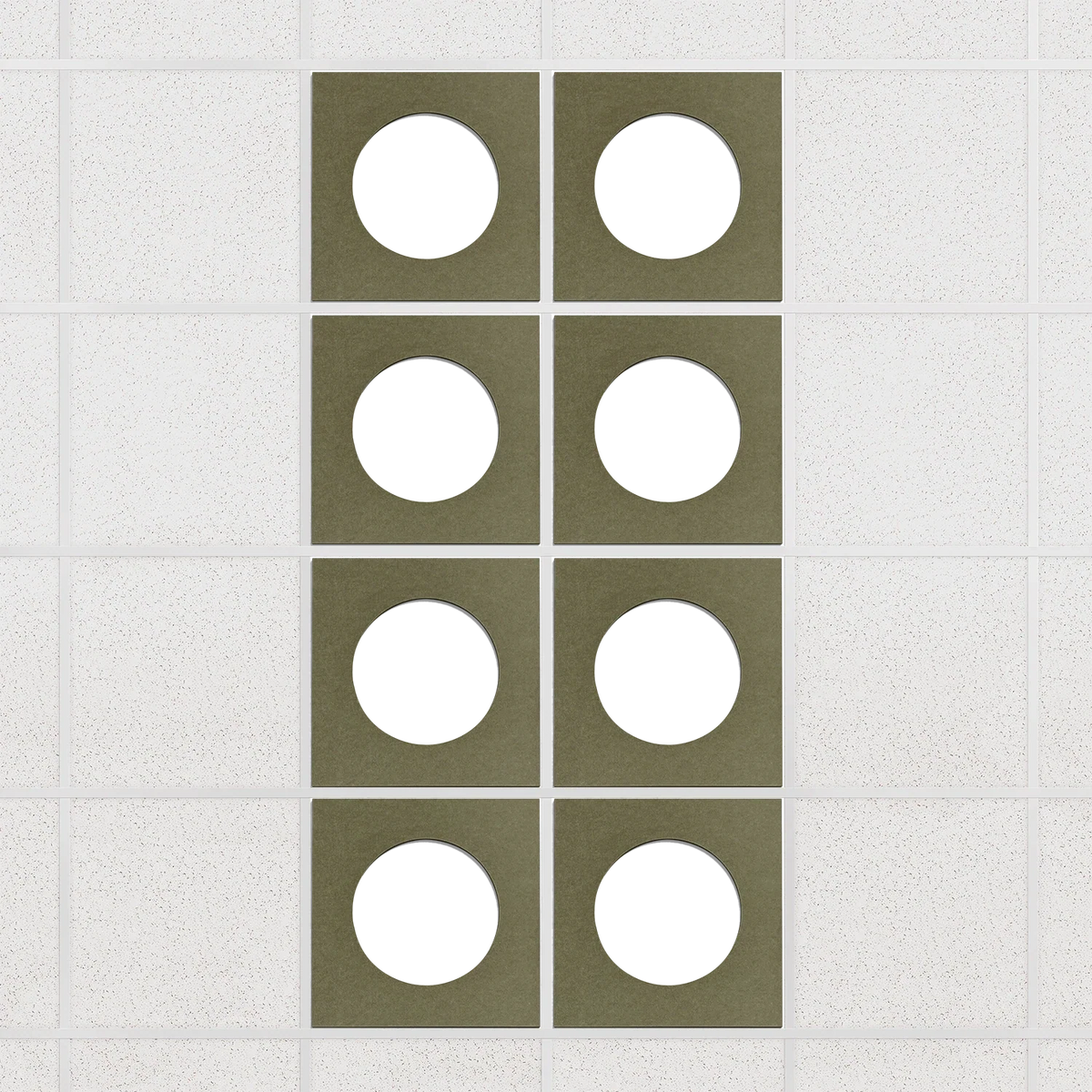 Halo felt drop ceiling tiles in Olive with white circle centers, set of 8 in a 2 x 4 layout