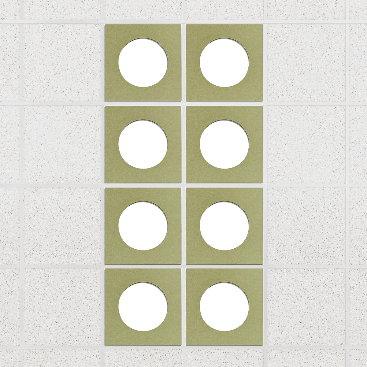 Halo felt drop ceiling tiles in Aloe with white circle centers, set of 8 in a 2 x 4 layout
