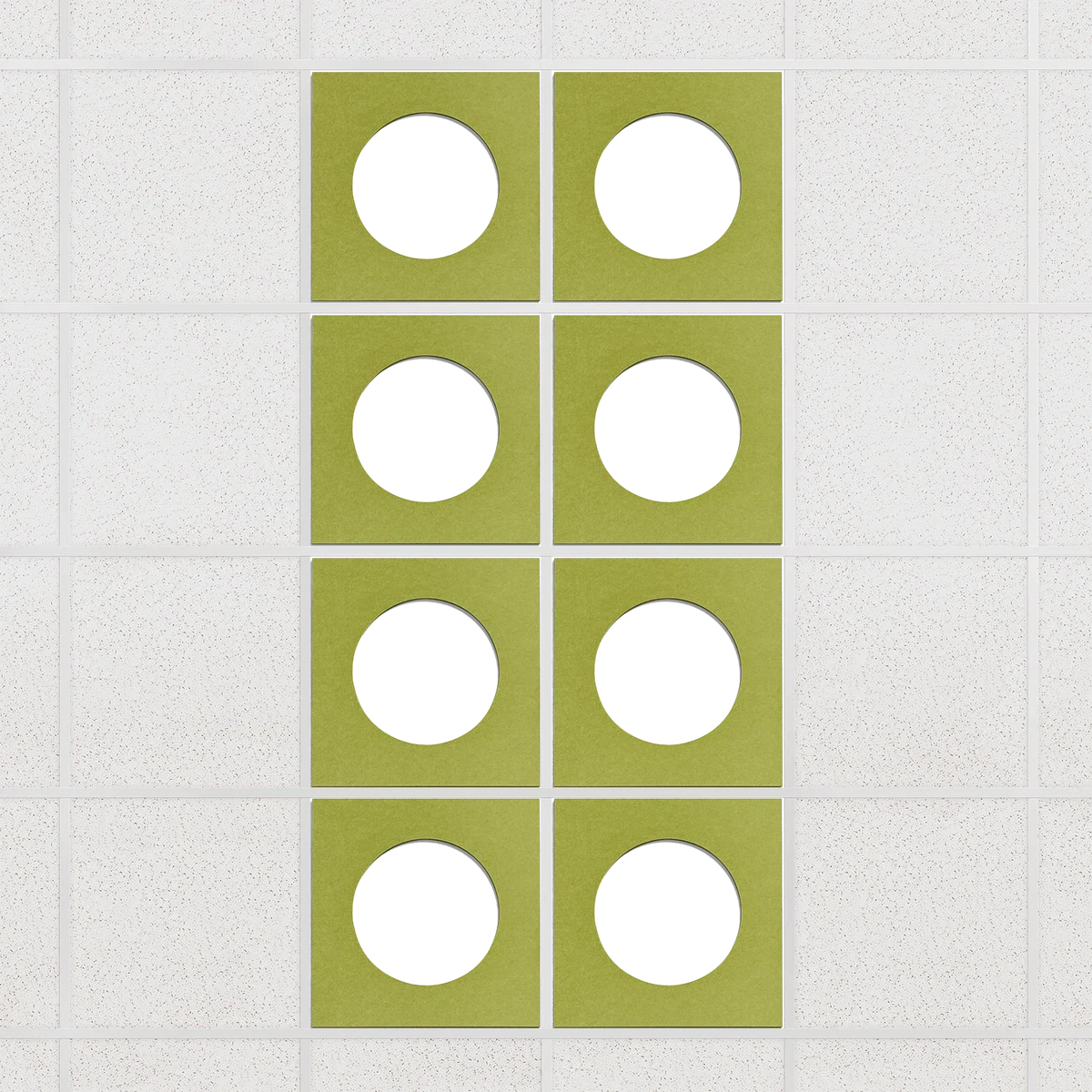 Halo felt drop ceiling tiles in Kiwi with white circle centers, set of 8 in a 2 x 4 layout