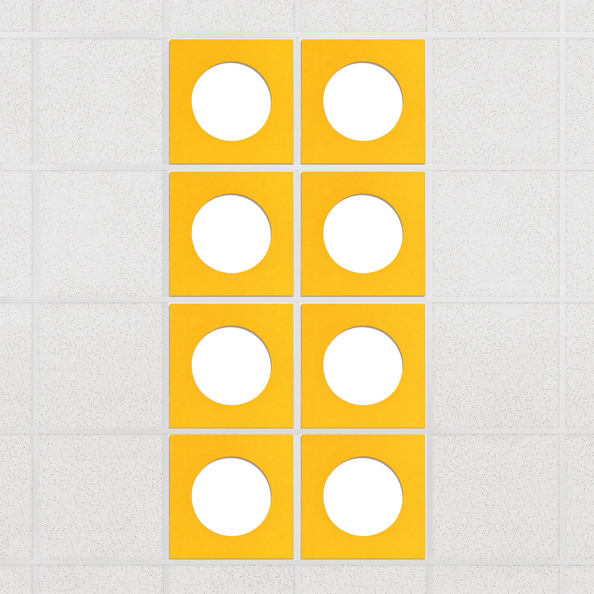 Halo felt drop ceiling tiles in Dandelion with white circle centers, set of 8 in a 2 x 4 layout