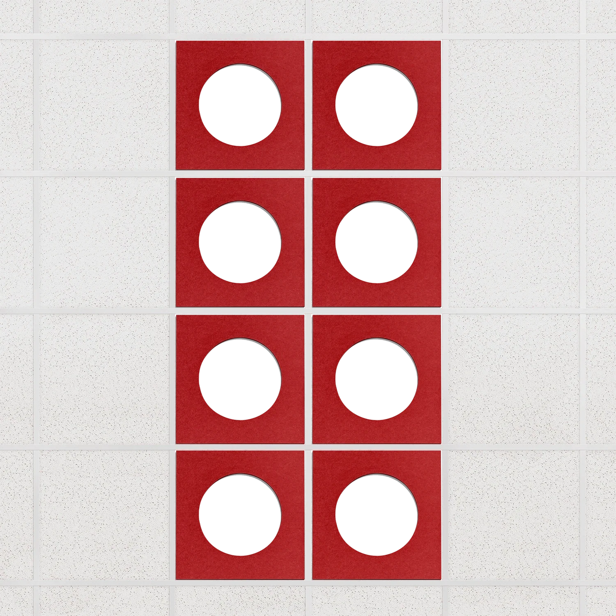 Halo felt drop ceiling tiles in Scarlet with white circle centers, set of 8 in a 2 x 4 layout