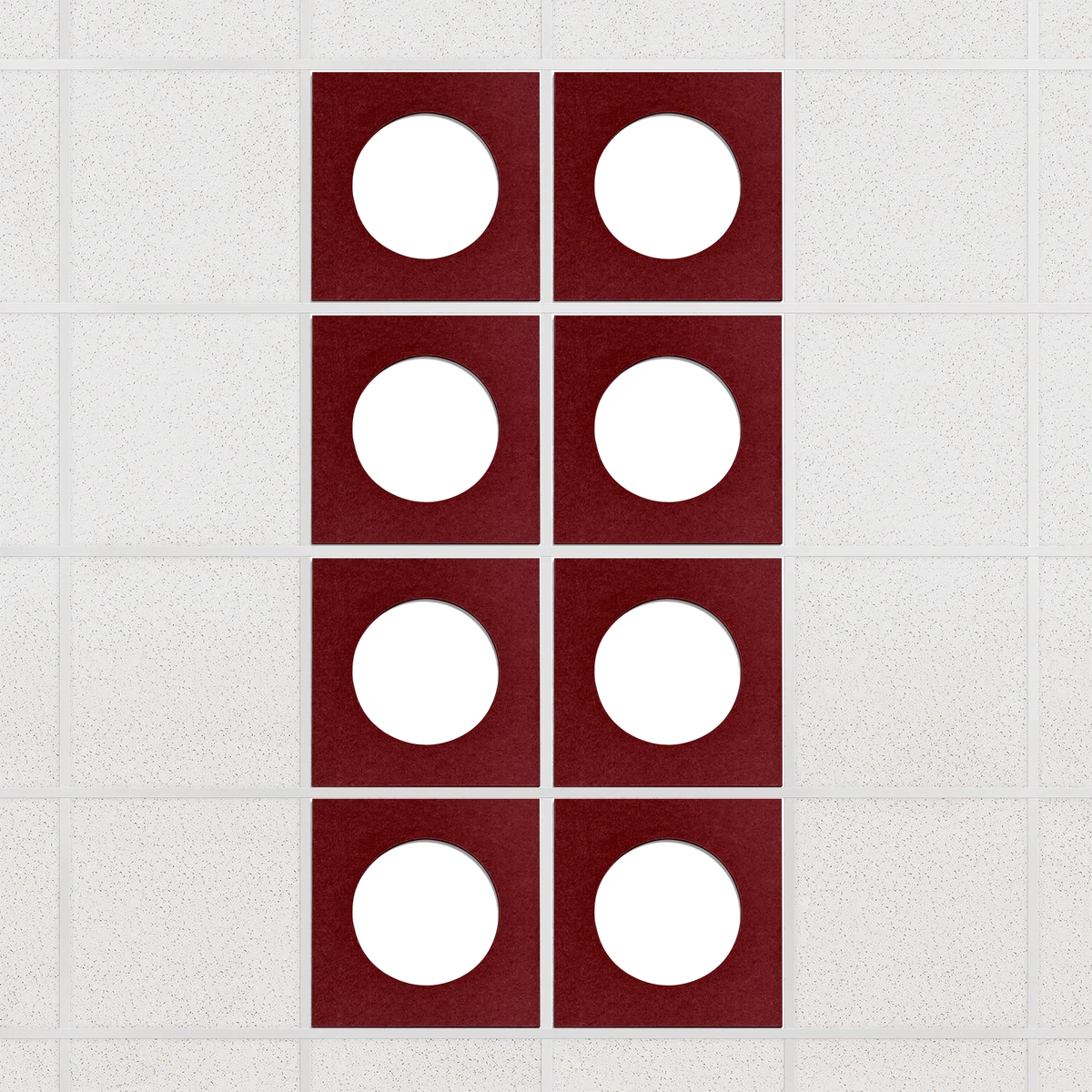 Halo felt drop ceiling tiles in Crimson with white circle centers, set of 8 in a 2 x 4 layout