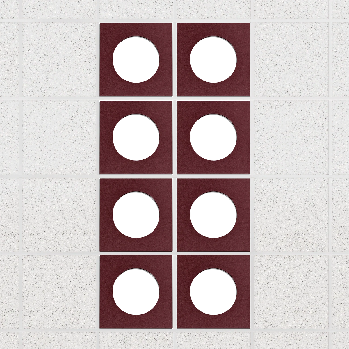 Halo felt drop ceiling tiles in Wine with white circle centers, set of 8 in a 2 x 4 layout