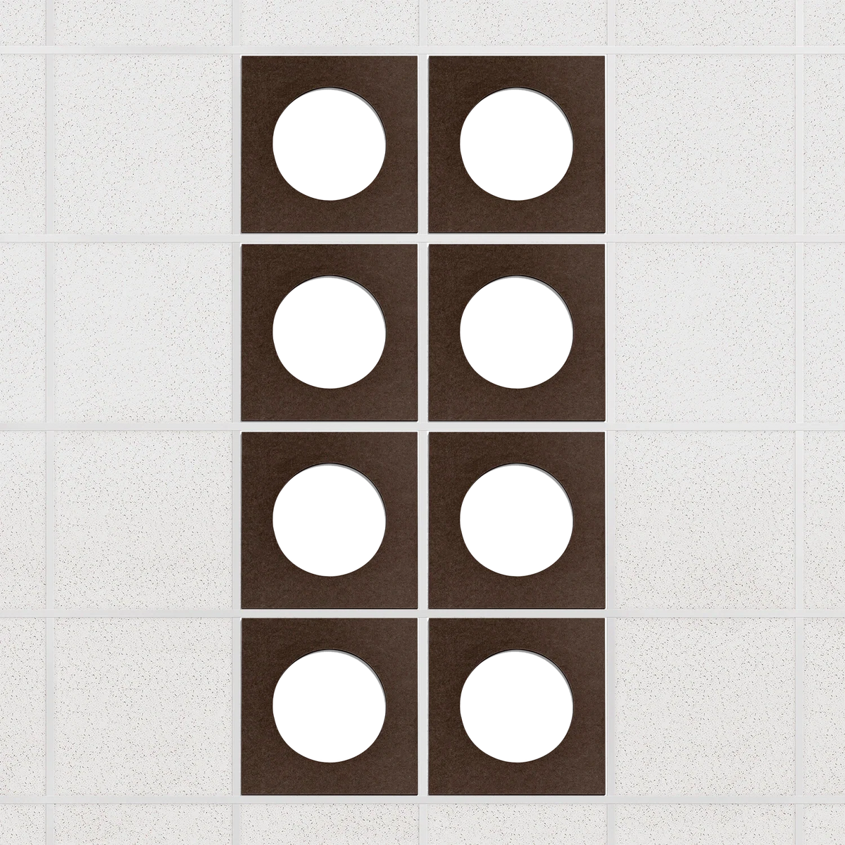 Halo felt drop ceiling tiles in Cocoa with white circle centers, set of 8 in a 2 x 4 layout