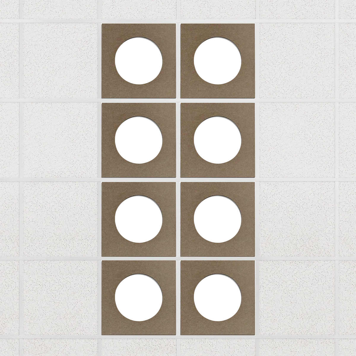 Halo felt drop ceiling tiles in Timber with white circle centers, set of 8 in a 2 x 4 layout