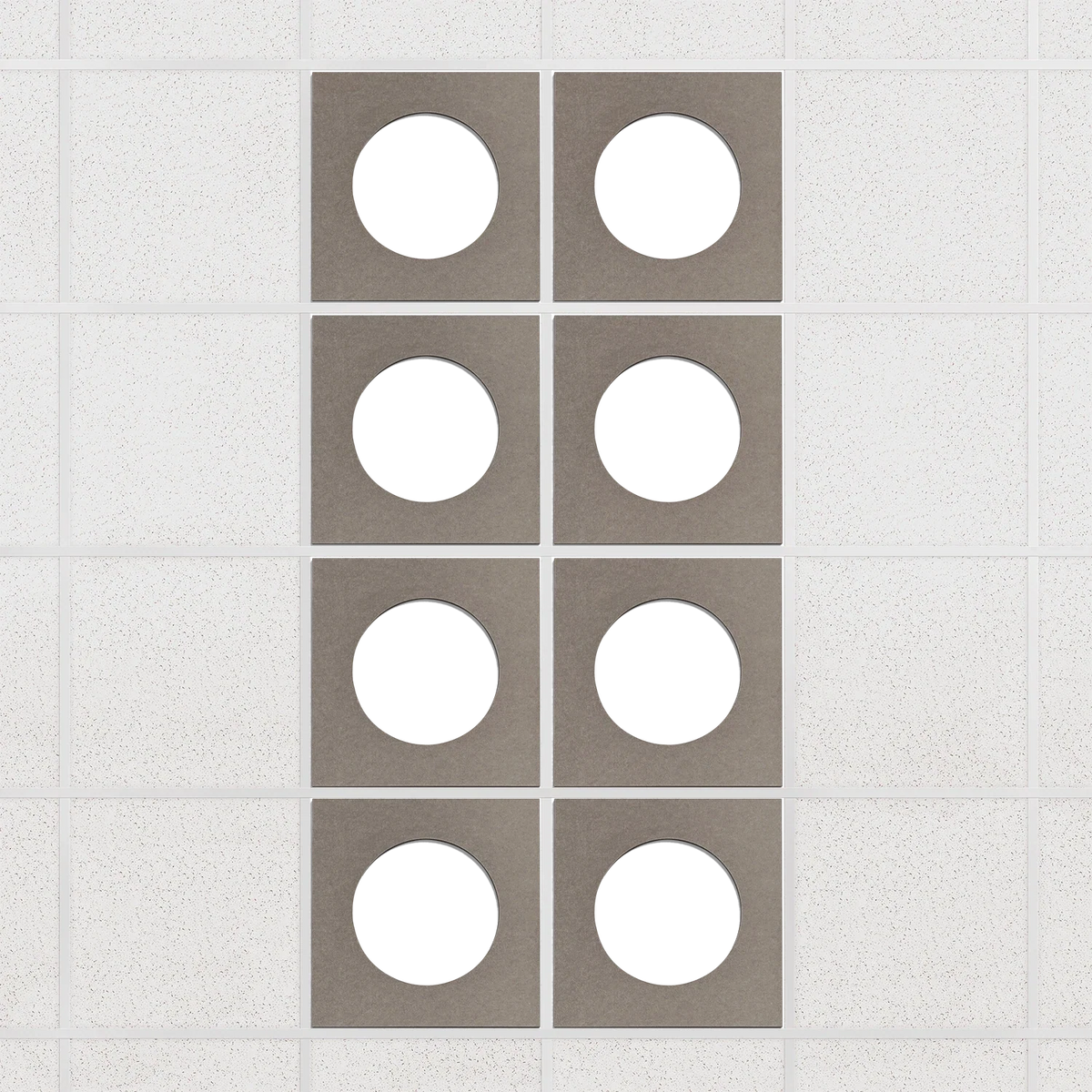 Halo felt drop ceiling tiles in Ash with white circle centers, set of 8 in a 2 x 4 layout